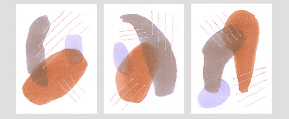 Set of three abstract design shapes in brown, orange and purple
