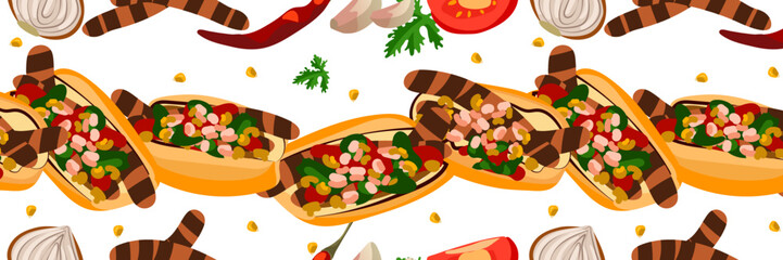 A pattern of Choripan sandwiches with chorizo. Latin American cuisine. An Argentine snack. Sandwiches with ingredients for cooking horizontally. Kitchen illustration. Suitable for printing on packagin