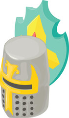 Medieval helm icon isometric vector. Knight iron helmet on background of shield. History, chivalry