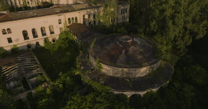 Deteriorated Buildings On The Abandoned Hotel And Sanatorium In Tsqaltubo, Georgia. Aerial Drone Shot