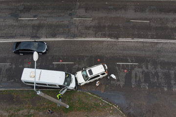 Severe accident. Car accidents. View from above. Accident, head-on collision of two cars. Violation...