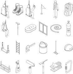 Industrial climber icons set. Isometric set of industrial climber vector icons outline on white thin line collection