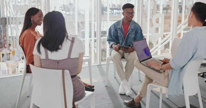 Business people, startup meeting or brainstorming in office for diversity, planning or teamwork strategy. Digital marketing team, laptop and discussion with group, think tank or conversation for idea