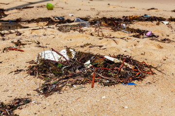 Garbage on sea sand beach, unsorted rubbish, plastic bags, glass bottle, metal can, trash, refuse pile, litter, dirty ocean water, environmental pollution, ecological problem concept, waste management
