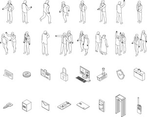 Personal guard icons set. Isometric set of personal guard vector icons outline on white thin line collection
