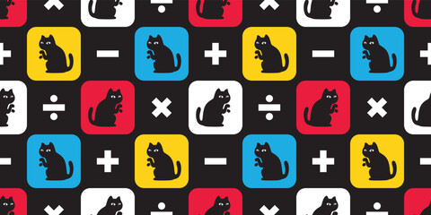 Obraz premium cat seamless pattern black kitten vector calico checked plus minus multiplied divided icon symbol gift wrapping paper tile background scarf isolated repeat wallpaper cartoon illustration design