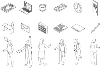 Office manager icons set. Isometric set of office manager vector icons outline on white thin line collection