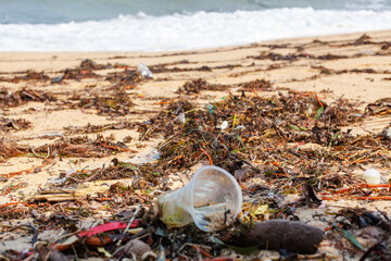 Garbage on sea sand beach, unsorted rubbish, plastic bags, glass bottle, metal can, trash, refuse pile, litter, dirty ocean water, environmental pollution, ecological problem concept, waste management