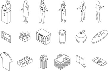 Shop assistant icons set. Isometric set of shop assistant vector icons outline on white thin line collection