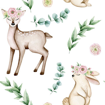 Watercolor seamless pattern with baby deer, bunny, eucalyptus branches, roses. Isolated on white background. Hand drawn clipart. Perfect for card, fabric, tags, invitation, printing, wrapping.