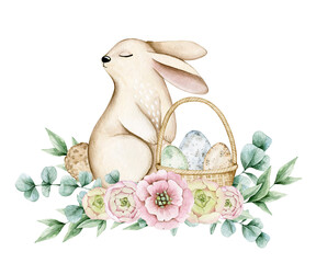 Watercolor illustration card with easter bunny, eucalyptus, roses, eggs. Isolated on transparent background. Hand drawn clipart. Perfect for card, postcard, tags, invitation, printing, wrapping.