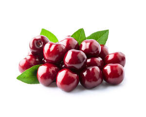 Cherry berry with leaves on white backgrounds.