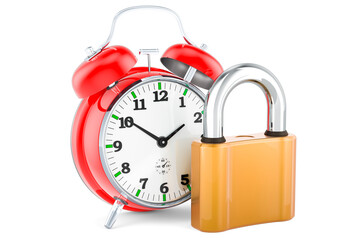 Naklejka premium Alarm clock with padlock, 3D rendering