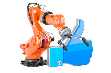 Robotic arm with like icon, 3D rendering