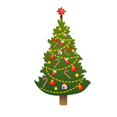 Collection of Christmas trees decorated for the holiday cartoon flat vector illustrations set on white background.Can be used for printed materials - leaflets, posters, business cards or for web