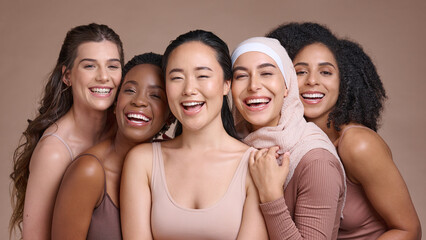 Happy, portrait and women with diversity and beauty, friends together and inclusion, pride in...