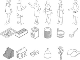 Sauna icons set. Isometric set of sauna vector icons outline on white thin line collection
