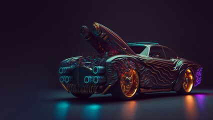 cyberpunk oldtimer car isolated on black background, fictional car made with generative ai
