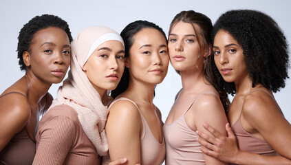 Beauty, skincare and face of different women group together for diversity, cosmetics and...