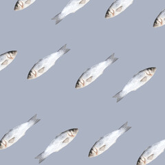 Watercolor seamless pattern with fish on gray background