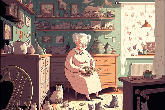 Cat Lady Grandma Surrounded By Feline Friends In Her Cluttered Living Room. Comical Stereotype Of An Elderly Woman With Dozens Of Cats And Kitties Inside Of Her Home. Generative Ai