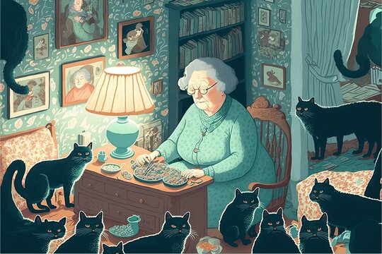 Cat Lady Grandma Surrounded By Feline Friends In Her Cluttered Living Room. Comical Stereotype Of An Elderly Woman With Dozens Of Cats And Kitties Inside Of Her Home. Generative Ai