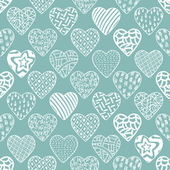 Blue Valentine background. Hearts Seamless pattern. Happy Valentine's day. Hand drawn doodles Vector illustration.