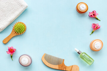 Frame of hair care and styling cosmetics, top view