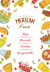 Mexican fast food menu template with kawaii food in cartoon doodle style. Poster for food fair and fisteval