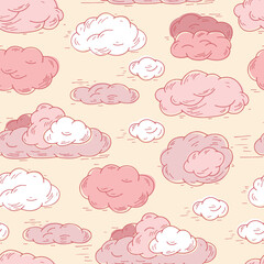 Sky. Pink clouds. Clouds Vector Seamless pattern. Hand Drawn Doodle Clouds.