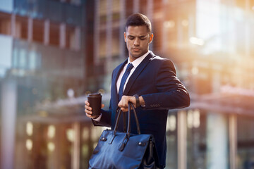 Businessman, city walk and check time for meeting, appointment or transportation with bag, coffee and focus. Young corporate executive, watch clock and metro for transport, train or taxi in New York