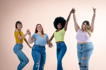 Body Positive and Acceptance, multiracial group of women with different body and ethnicity posing together to show the woman power and strength, curvy, plus size and skinny kind of female body concept - obrazy, fototapety, plakaty