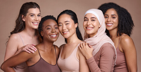 Diversity, women and beauty with skincare and portrait, smile and happy models, different and...