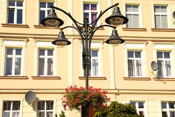 Street lamp with beautiful blooming flowers in front building outdoors