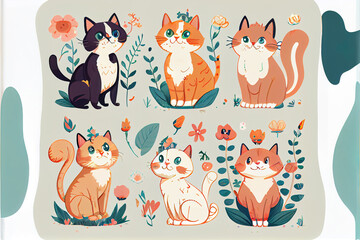 set of cute cartoon kitten cats made with generative ai