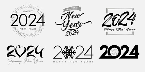 Big Set of 2024 Happy New Year silver and black logo with heart, snow, lettering symbols. Creative collection of 2024 New Year. 2024 number design template. Vector illustration on white background