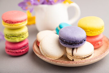 Multicolored macaroons with spring snowdrop crocus flowers and cup of coffee on gray pastel background. side view, close up, selective focus.