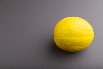 Ripe yellow melon on gray pastel background. Side view, copy space.