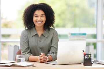 Black woman, business smile and laptop on desk while happy about leadership, success and growth of...