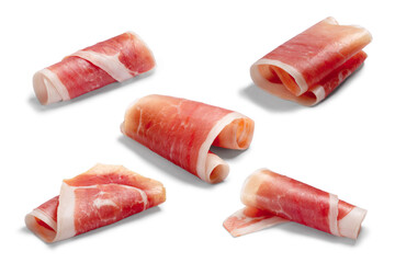 Jamon, Prosciutto, Speck, Dry Cured Meat or Ham slice, rolled up isolated png