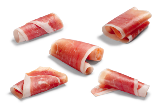 Jamon, Prosciutto, Speck, Dry Cured Meat or Ham slice, rolled up isolated png