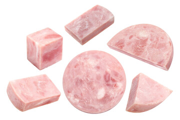 Ham sausage in pieces, chunks, cube, halves and slices isolated png