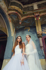 Two young brides posing in abandoned building in autumn
