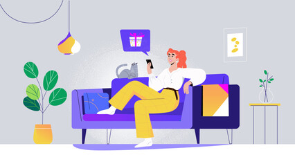 Woman with shopping cart buy presents, gifts online in store or shop through mobile application. Concept of sale, discount special coupon for web banner, ads or socila media and emails. Black friday.