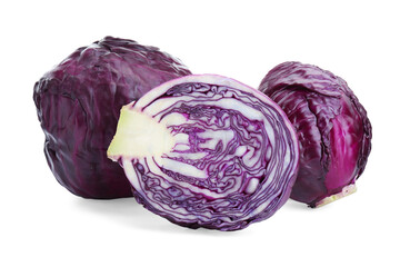 Fototapeta premium Whole and cut red cabbages on white background