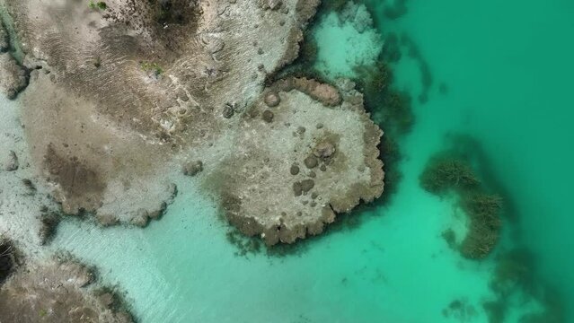 Aerial view above the stromatolites formations, at the Bacalar lagoon in Mexico - top down, drone shot