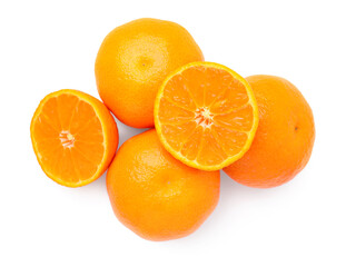 Fresh ripe juicy tangerines on white background, top view