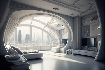 modern futuristic white living room with big windows, view to an utopistic city,  minimalistic white furniture, made with generative ai