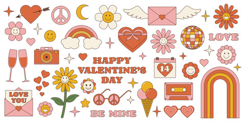 Retro Groovy Happy Valentines day stickers set. Vintage hippy style collection.	
