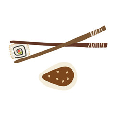 Sushi roll with salmon, chopsticks, soy sauce. Cute hand drawn cartoon illustration for asian food menu, stickers, wall art, restaurant logo